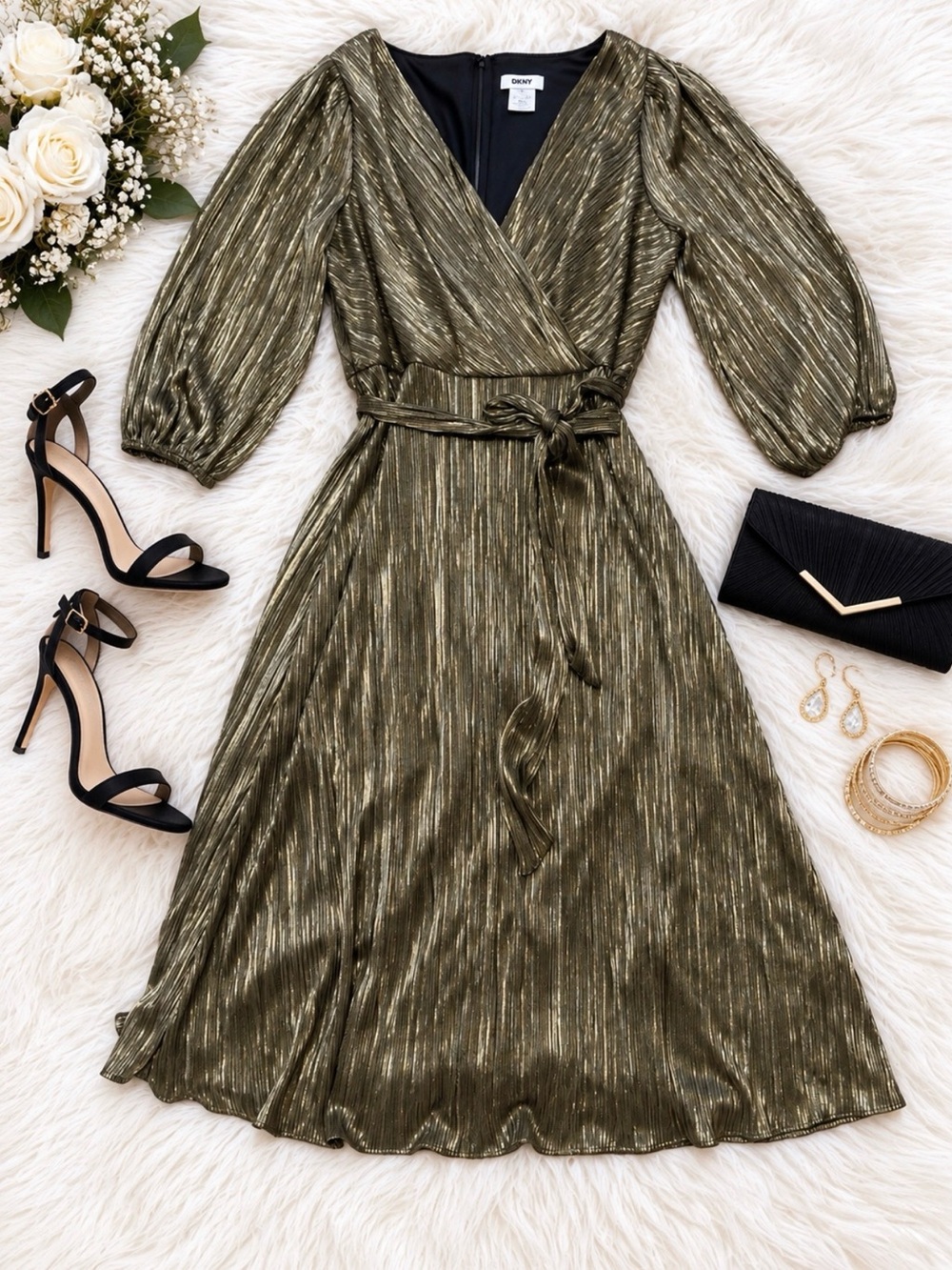 Gold Metallic Wrap Midi Dress with Tie Waist